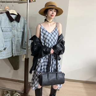菱形格A字吊带连衣裙女欧洲站2026春装新款欧货女装打底背心裙潮