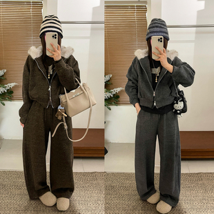 欧货女装 狐狸毛领加绒卫衣阔腿裤 新款 女欧洲站2025冬装 潮 两件套装