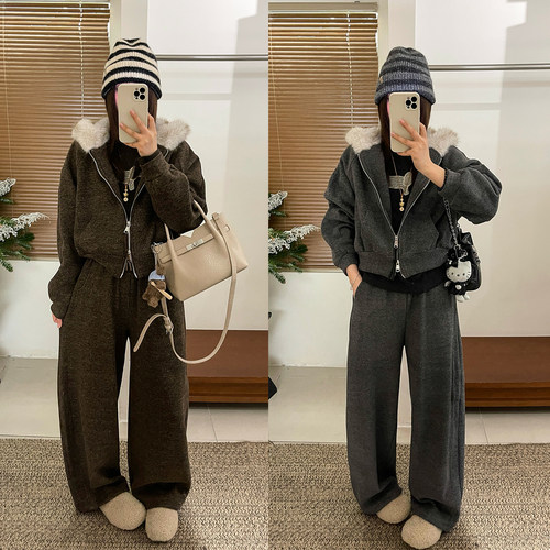 狐狸毛领加绒卫衣阔腿裤两件套装