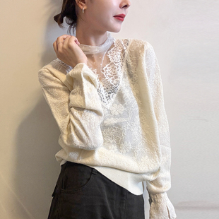 打底小衫 蕾丝网纱高领羊毛针织衫 欧货女装 新款 潮 女欧洲站2025冬装