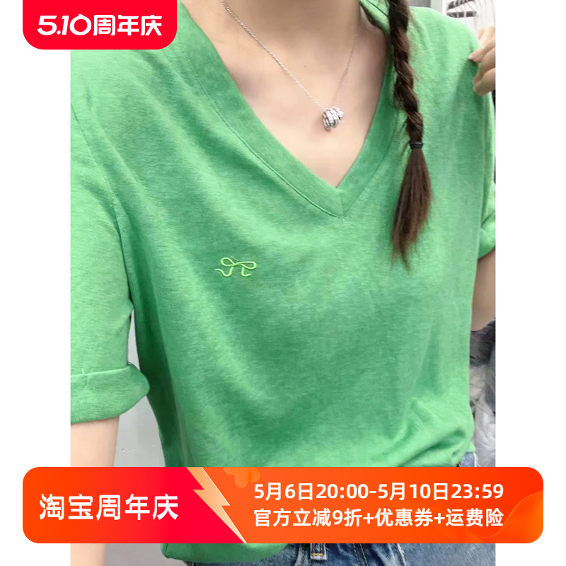 蝴蝶结竹节棉短袖T恤女欧洲站夏装2024新款欧货女装V领洋气小衫潮