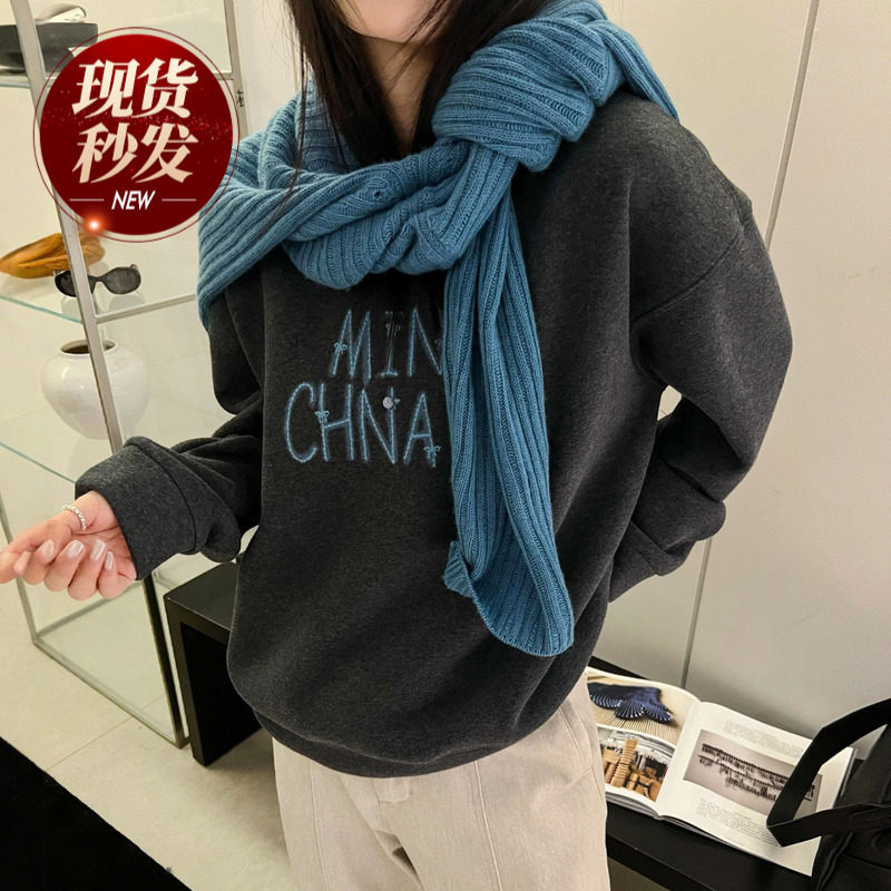 字母印花刺绣加厚绒卫衣女欧洲站2025冬装新款欧货女装时尚上衣潮