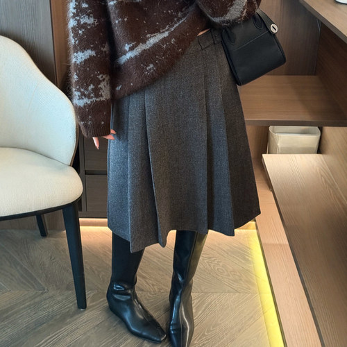 复古A字羊毛呢西装半身裙女欧货
