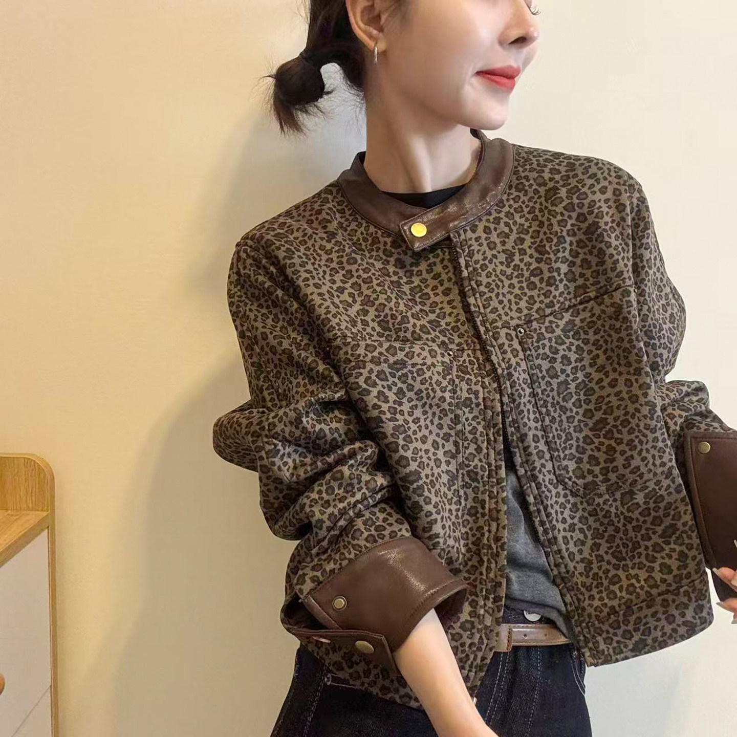 复古豹纹立领棒球服外套女欧洲站