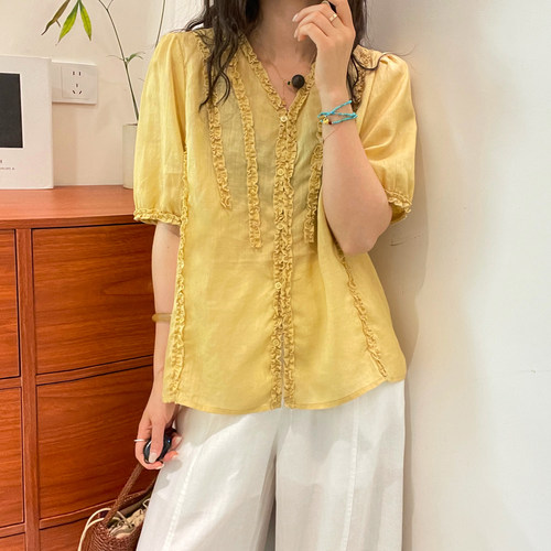 木耳边泡泡袖苎麻衬衫女欧货上衣