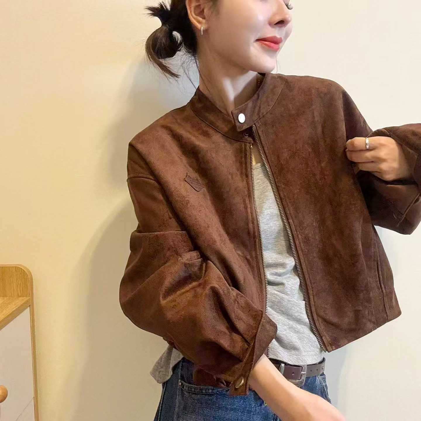 复古贴标麂皮绒加棉短外套女欧货