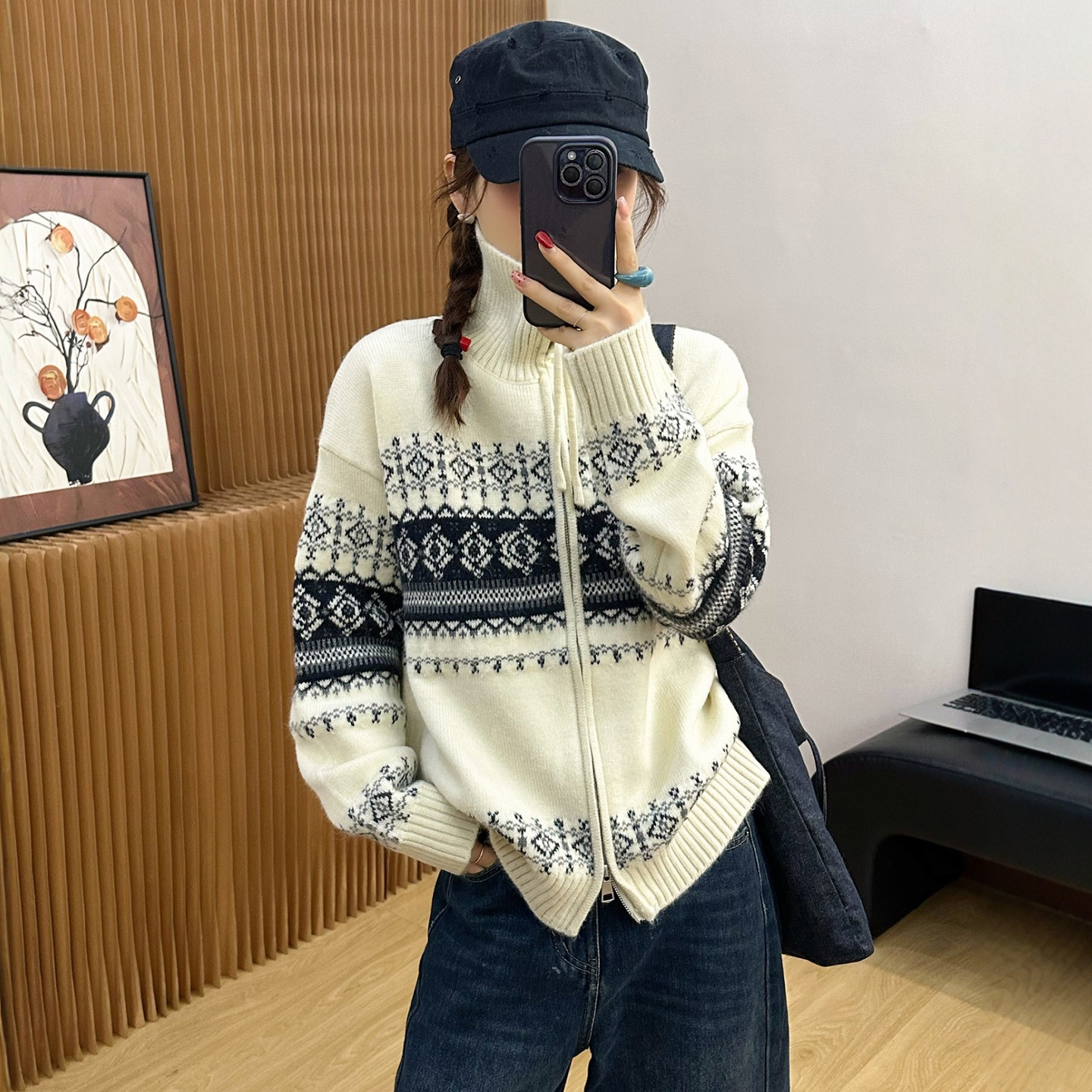 费尔岛提花羊绒针织开衫女欧洲站2025冬装新款欧货女装毛衣外套潮,女装/女士精品,毛针织衫,淘宝优惠券,粉丝福利购,淘宝优惠卷