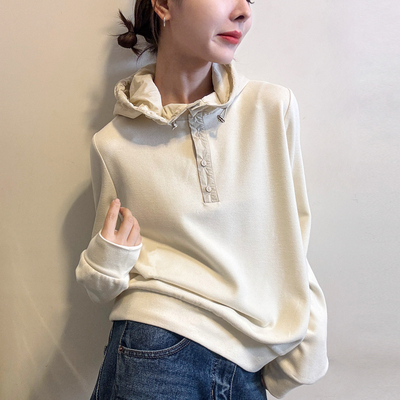 复古连帽德绒加绒T恤女欧货打底