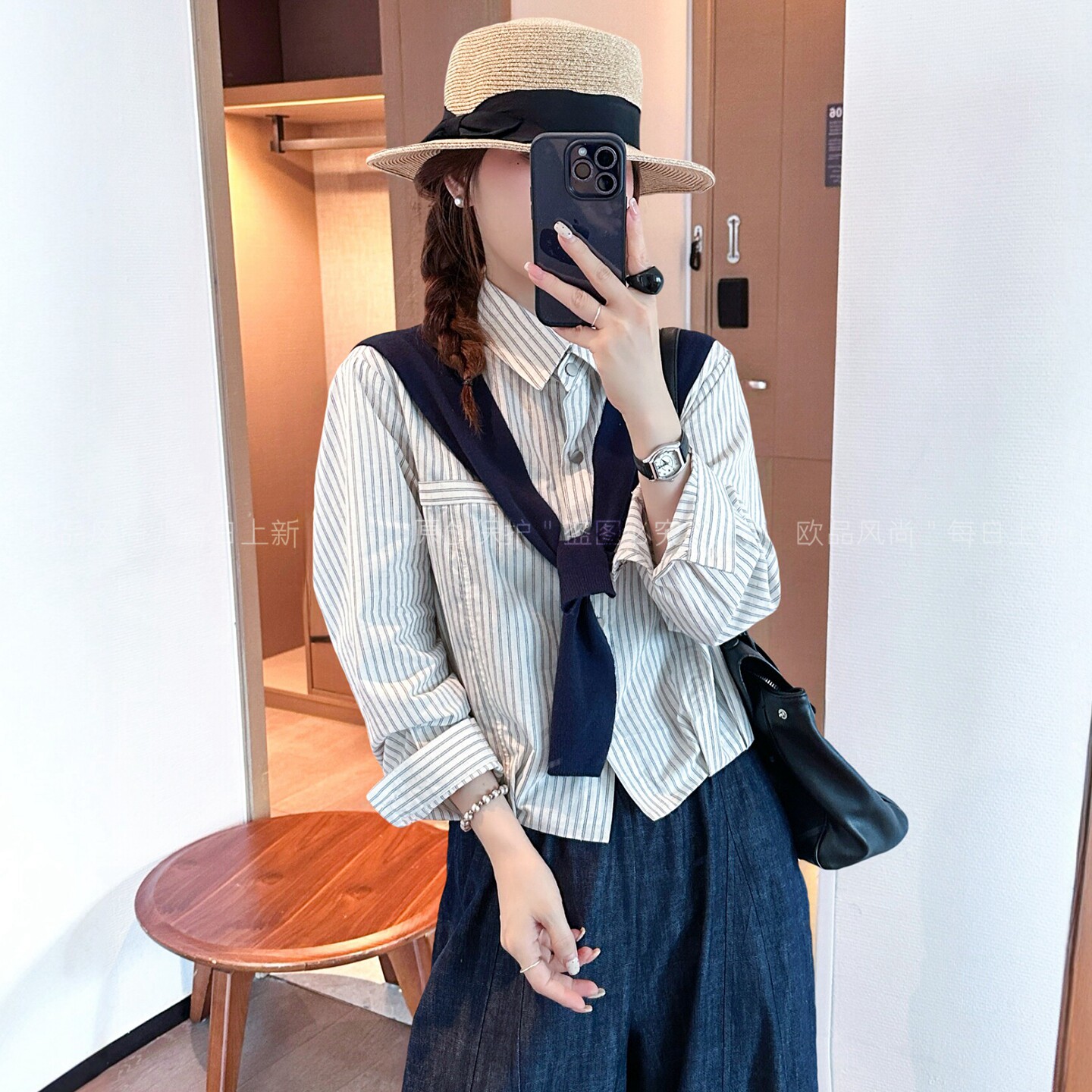 配披肩竖条纹休闲衬衫女欧洲站潮