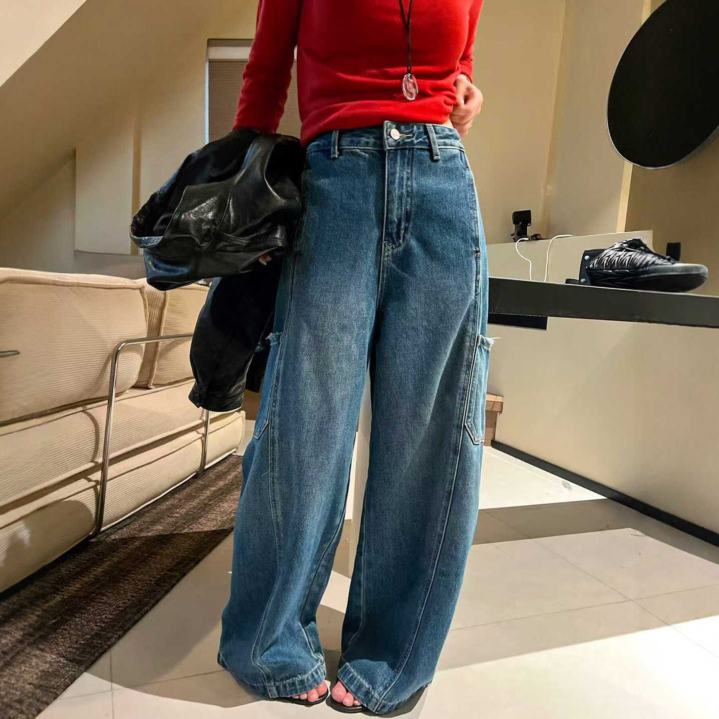 侧边口袋工装阔腿牛仔裤女欧洲站2026春装新款欧货女装直筒裤子潮