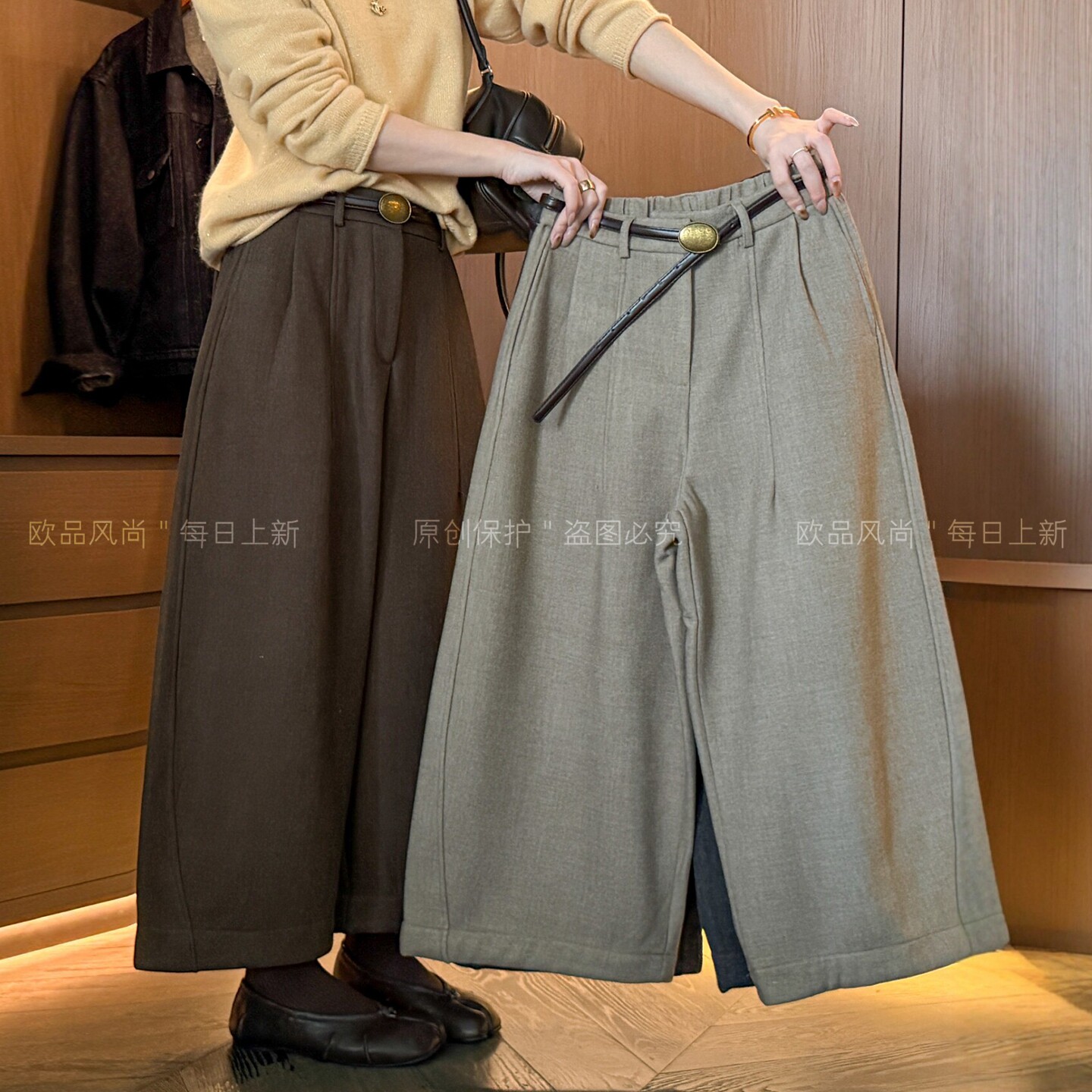 羊毛呢加绒九分阔腿裤女欧货裤子