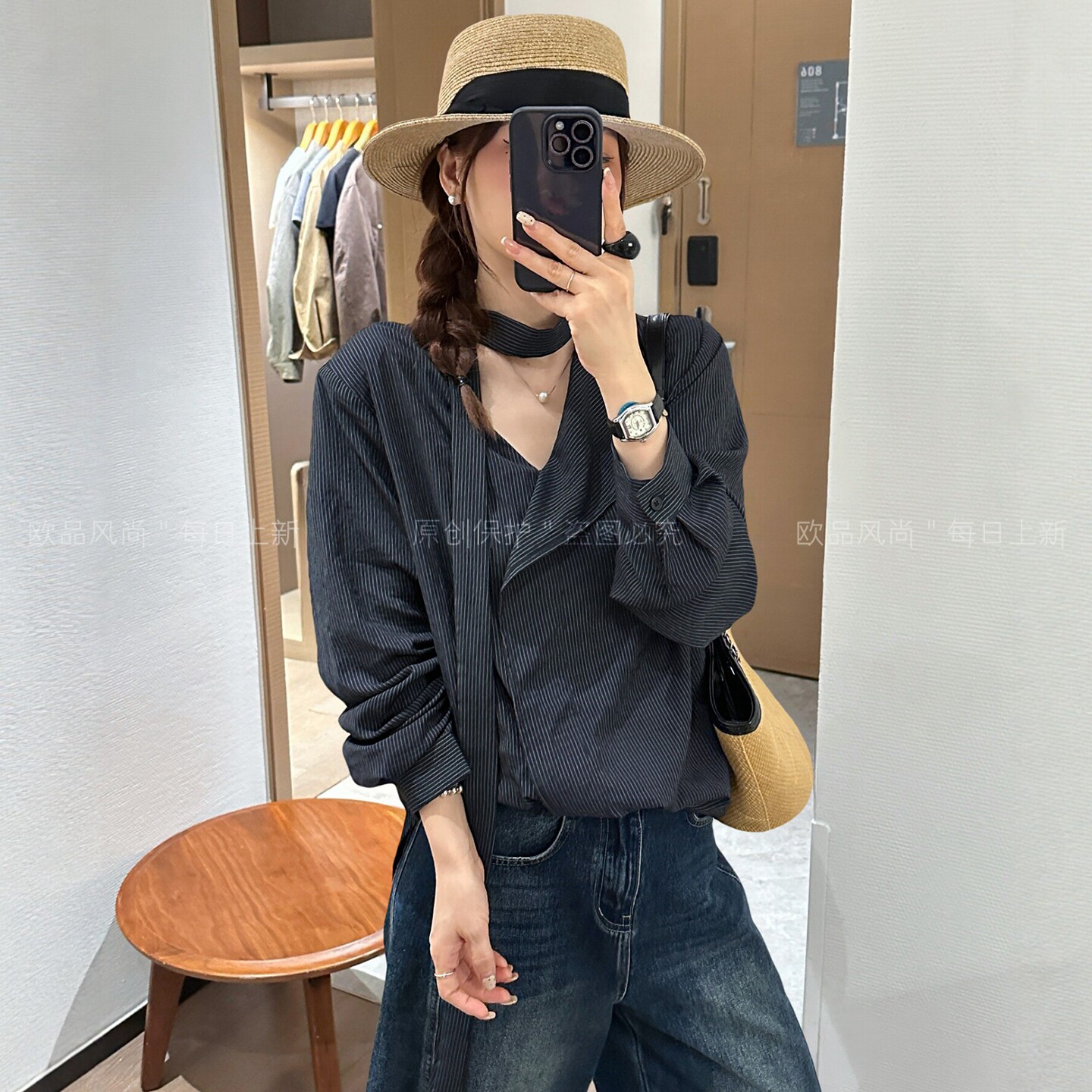复古飘带V领条纹衬衫女欧货上衣