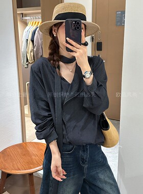 复古飘带V领条纹衬衫女欧货上衣