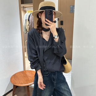 复古飘带V领条纹衬衫女欧洲站2026早秋新款欧货女装时尚洋气上衣
