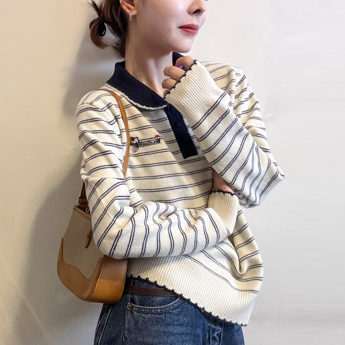 复古翻领条纹羊毛针织衫女欧洲站