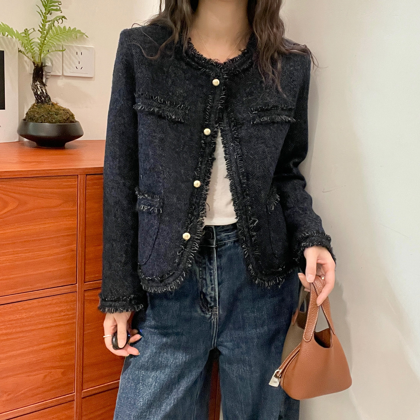 小香风流苏边羊毛呢短外套欧洲站