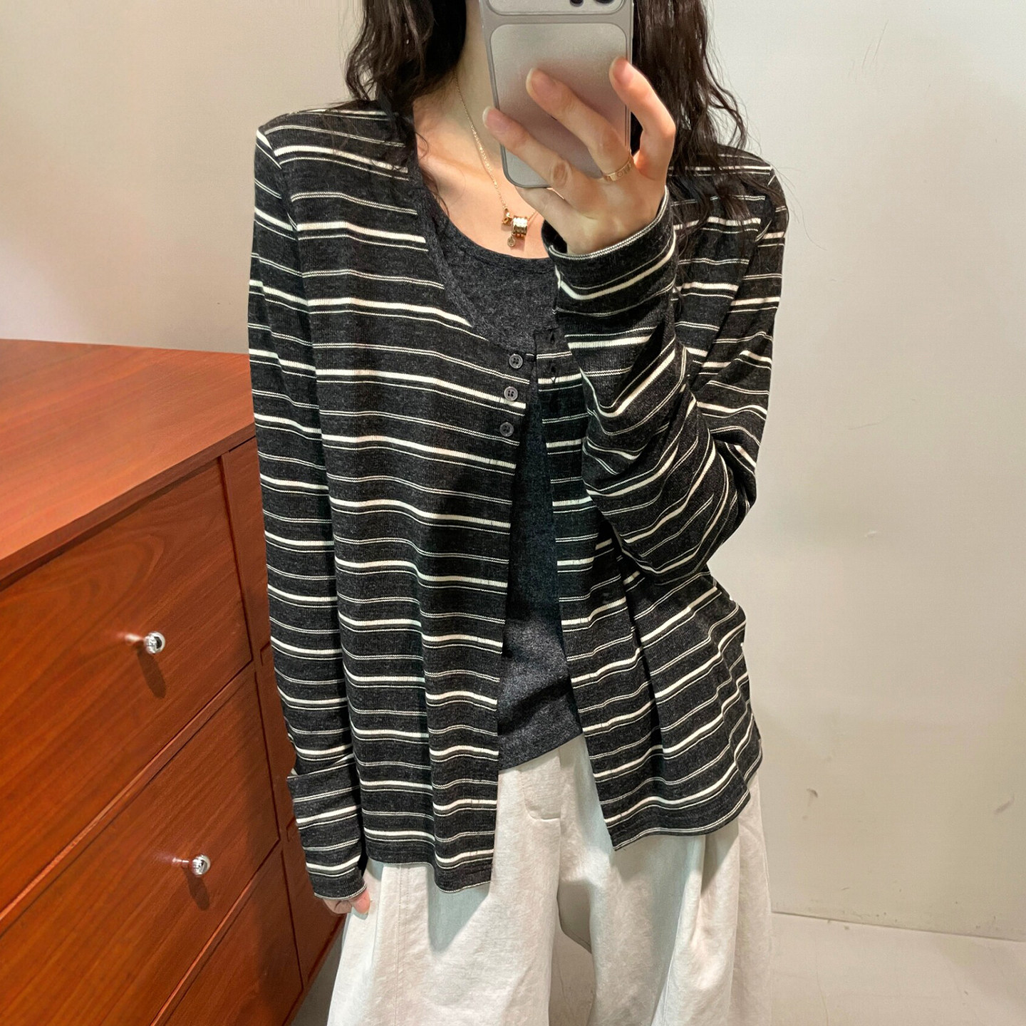 假两件条纹羊毛针织开衫女欧洲站