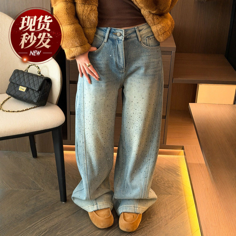 重工烫钻拖地阔腿牛仔裤女欧洲站2026春装新款欧货女装直筒裤子潮