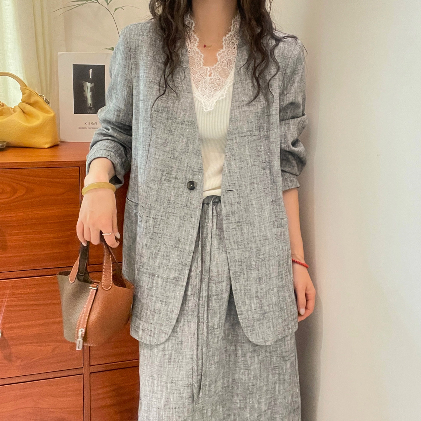 金线天丝亚麻小西装外套女欧洲站2026春装新款欧货女装休闲西服潮