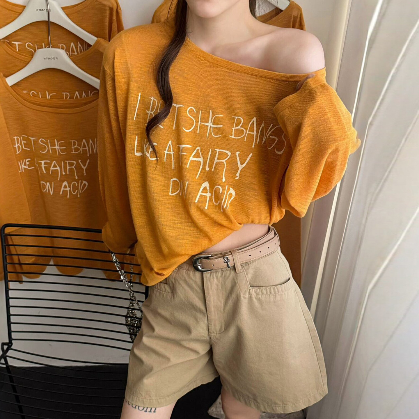 字母印花一字领冰丝针织衫女欧货
