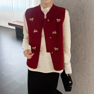 新中式国风羊毛针织开衫马甲背心女欧洲站2025冬装新款欧货女装潮