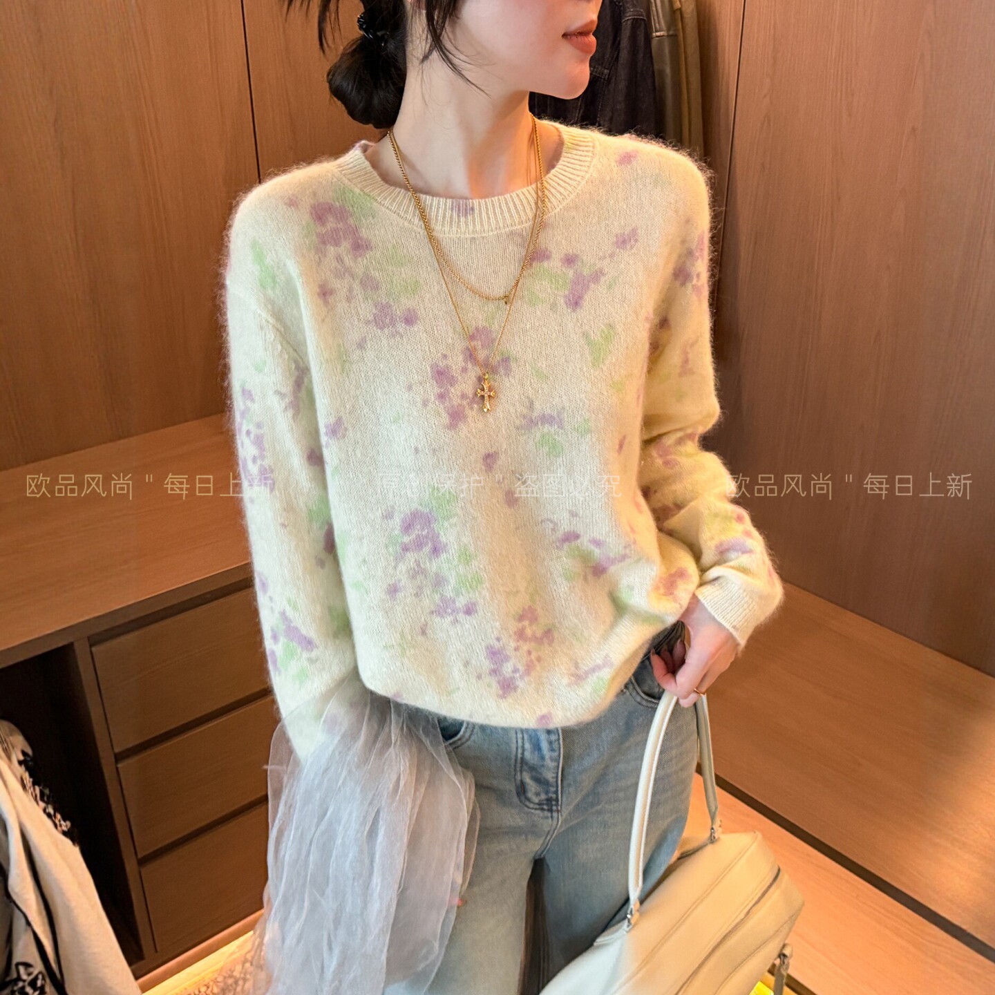 水洗羊毛拉绒印染针织衫女欧洲站