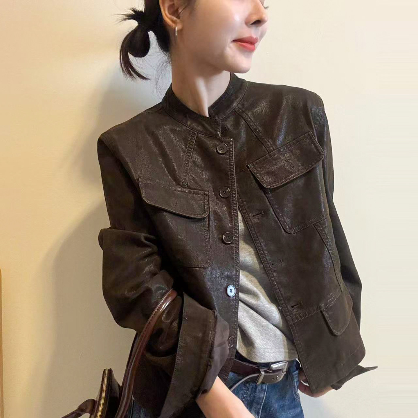 复古立领蛋白皮PU皮衣外套女欧货