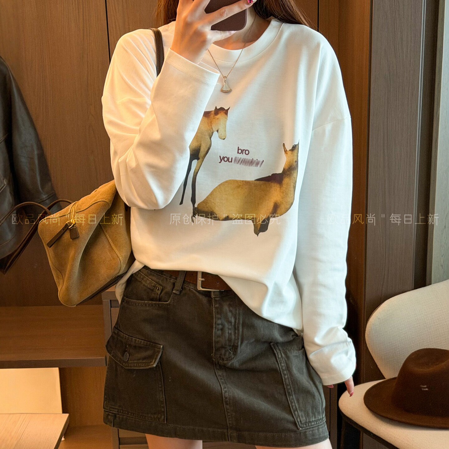 小马印花大版长袖T恤女欧洲站潮