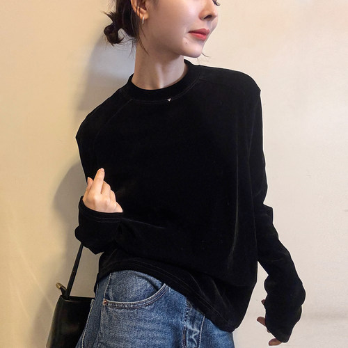 金属标加厚丝绒长袖T恤女欧洲站