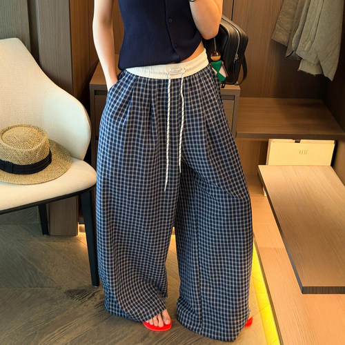 撞色格子拖地阔腿裤女欧货裤子