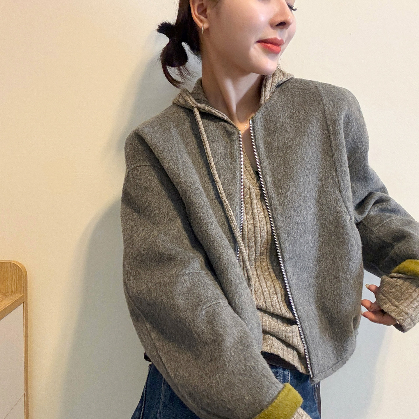 撞色袖口双面羊绒大衣女欧货上衣