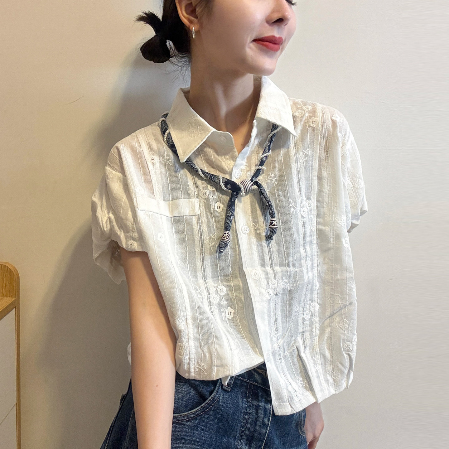 配丝巾A字花苞袖衬衫女欧洲站2026夏装新款欧货女装洋气娃娃衫潮