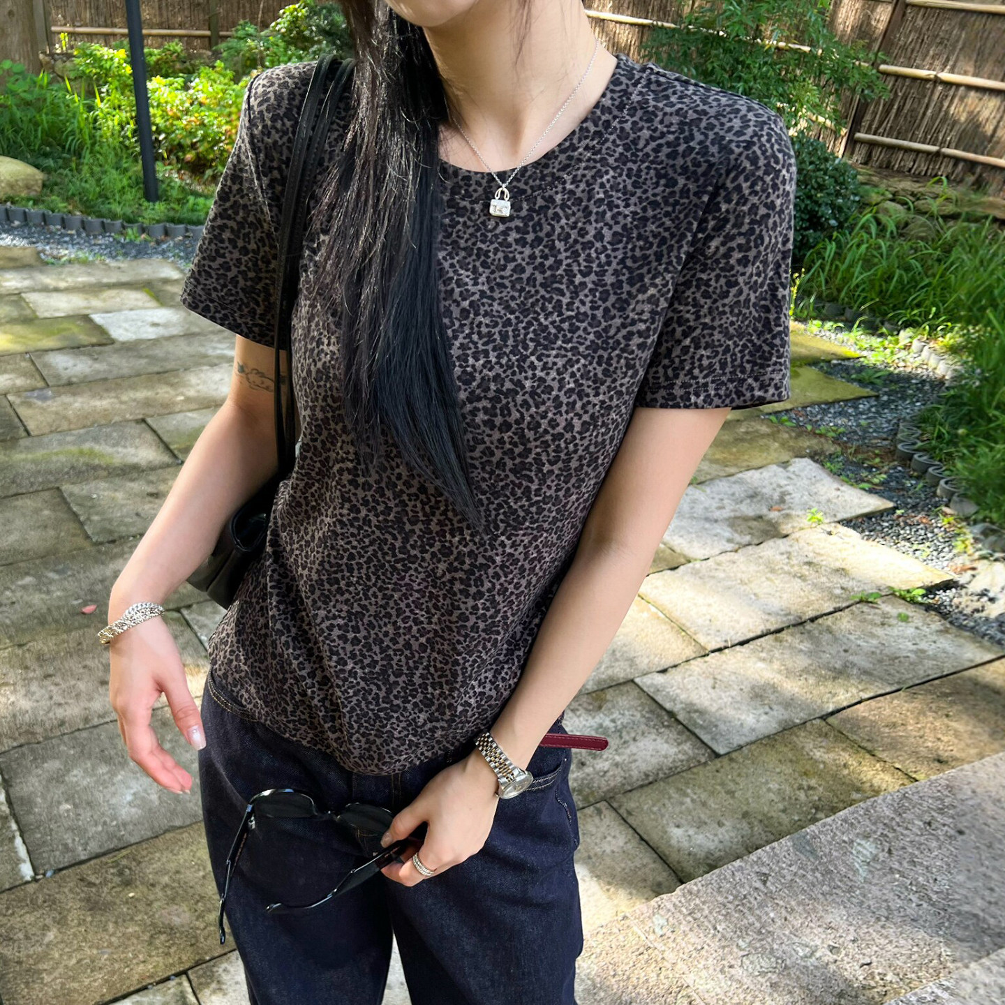 复古豹纹修身短袖T恤女欧洲站潮