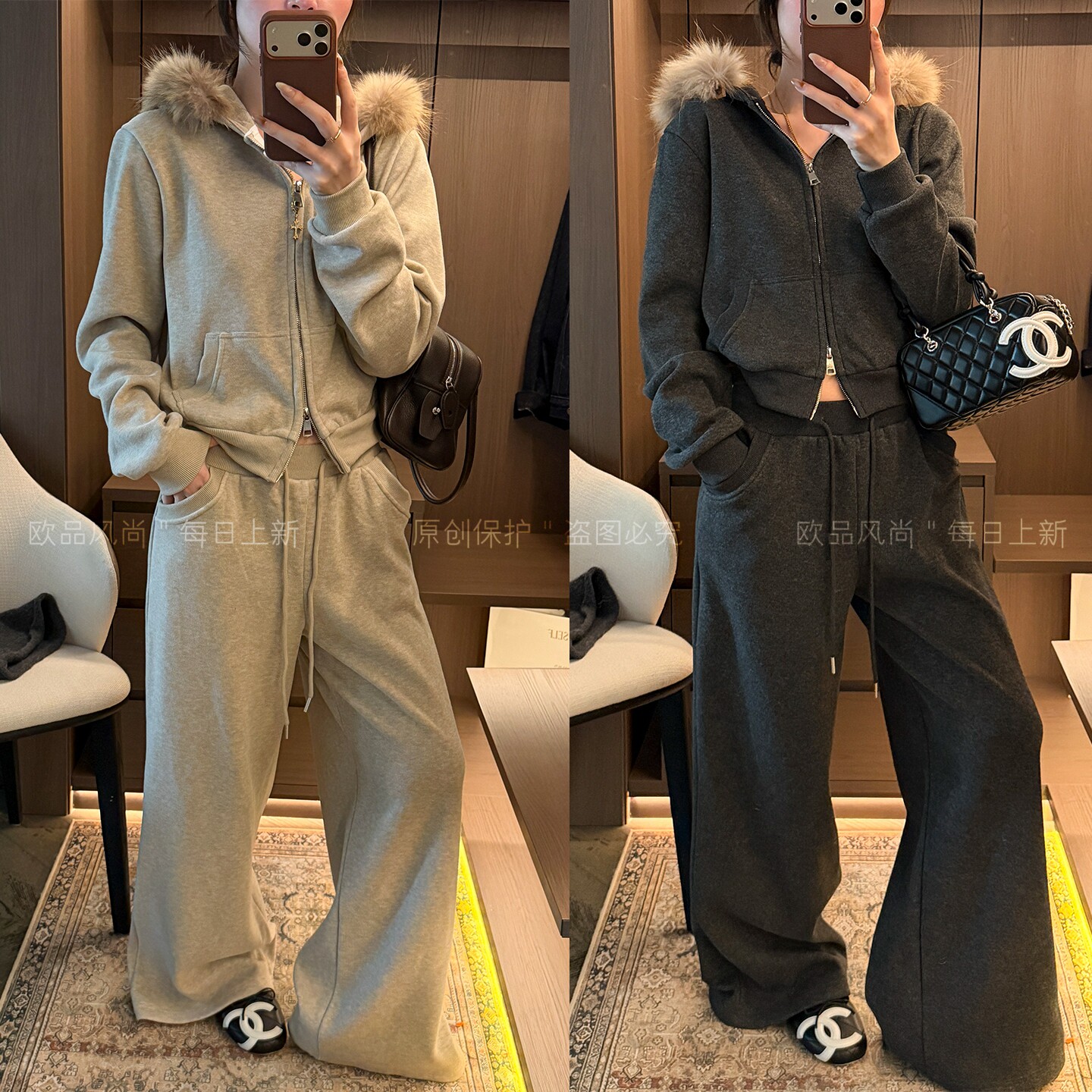 貉子毛领连帽加绒卫衣外套两件套