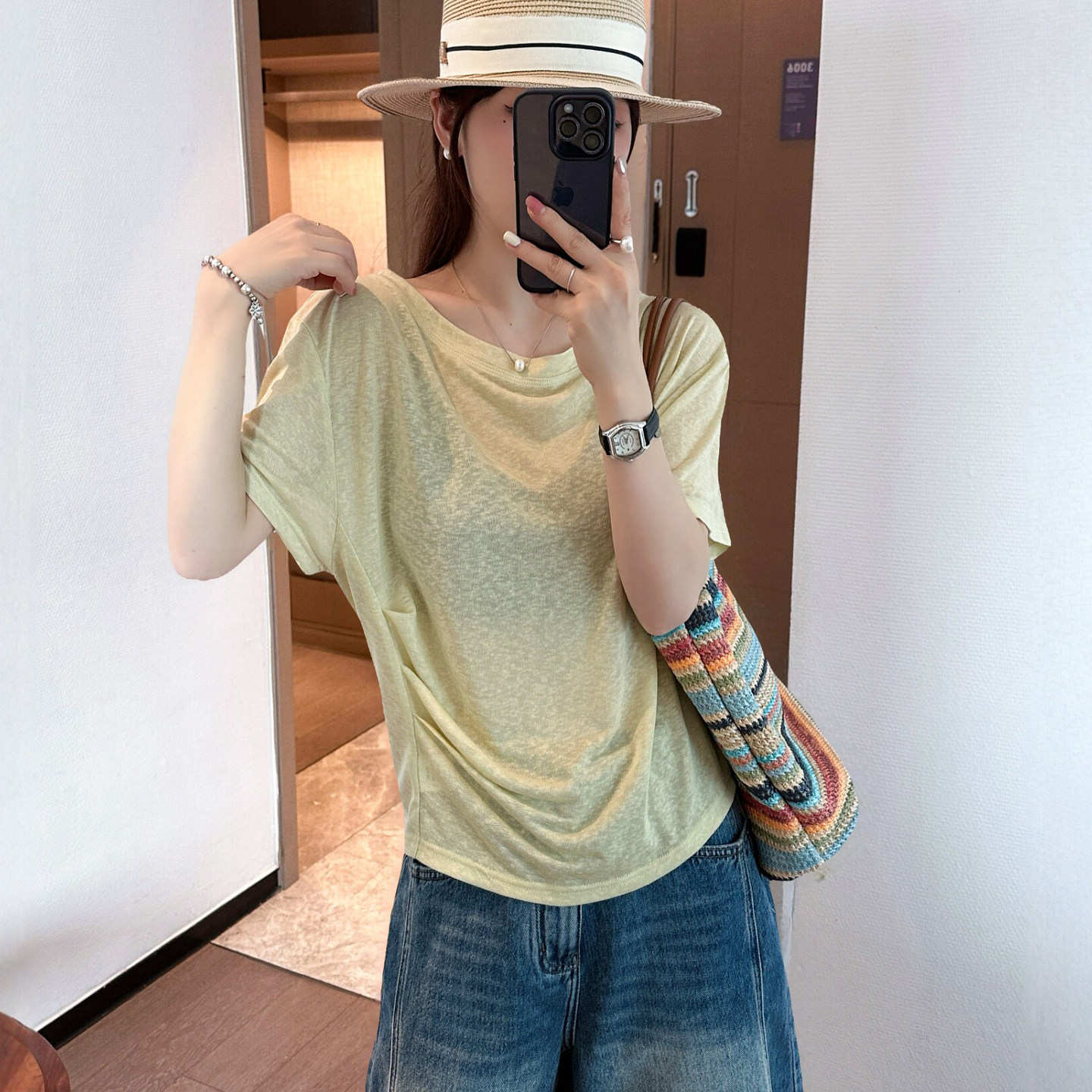 侧边褶皱天丝面膜T恤女欧洲站2026夏季新款欧货女装时尚打底衫潮