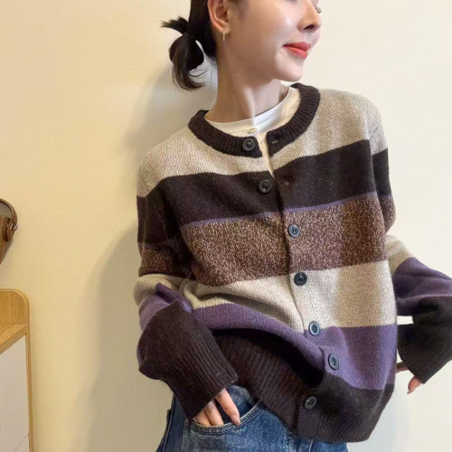 撞色条纹羊毛针织开衫女欧洲站潮
