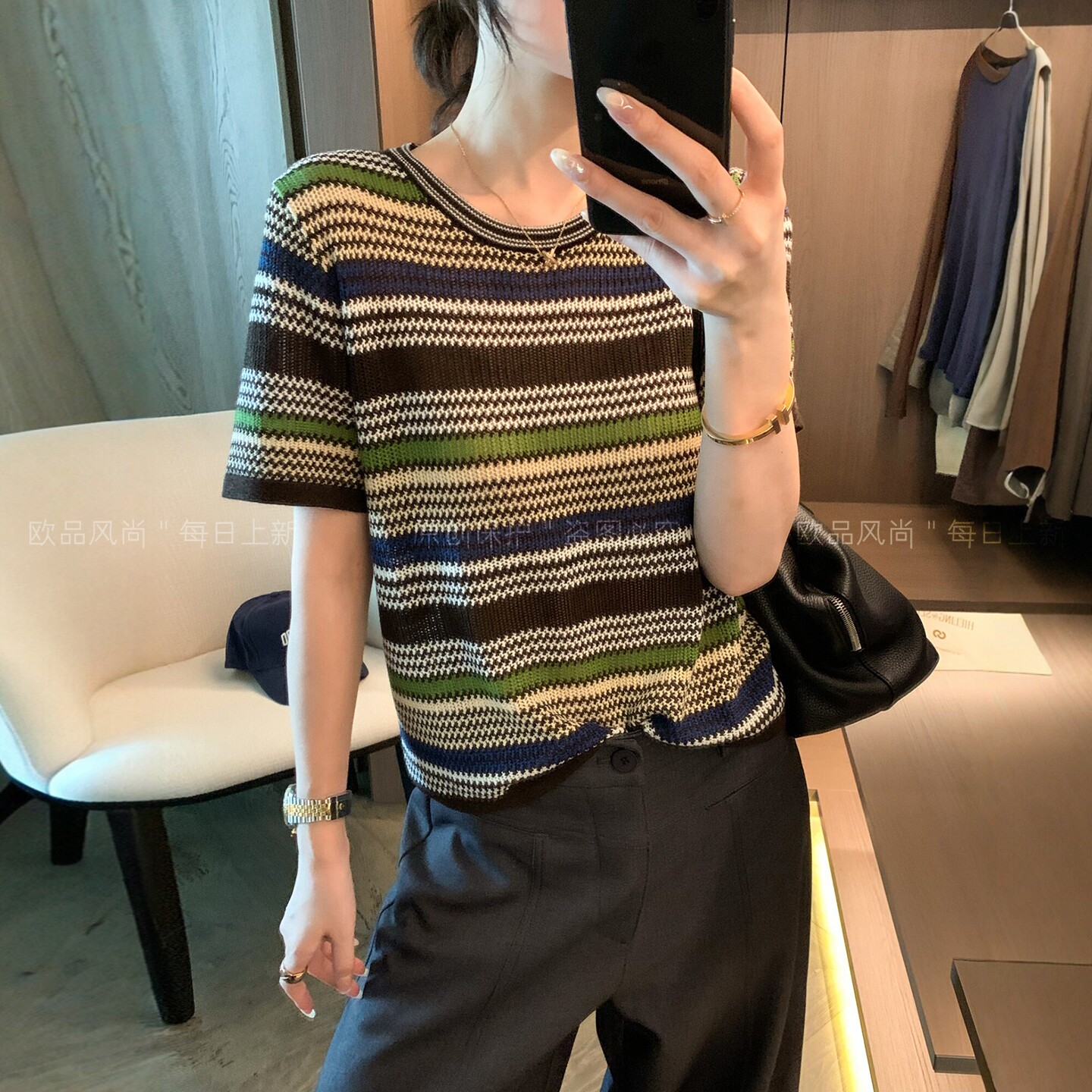 条纹绵羊毛桑蚕丝针织衫女欧洲站