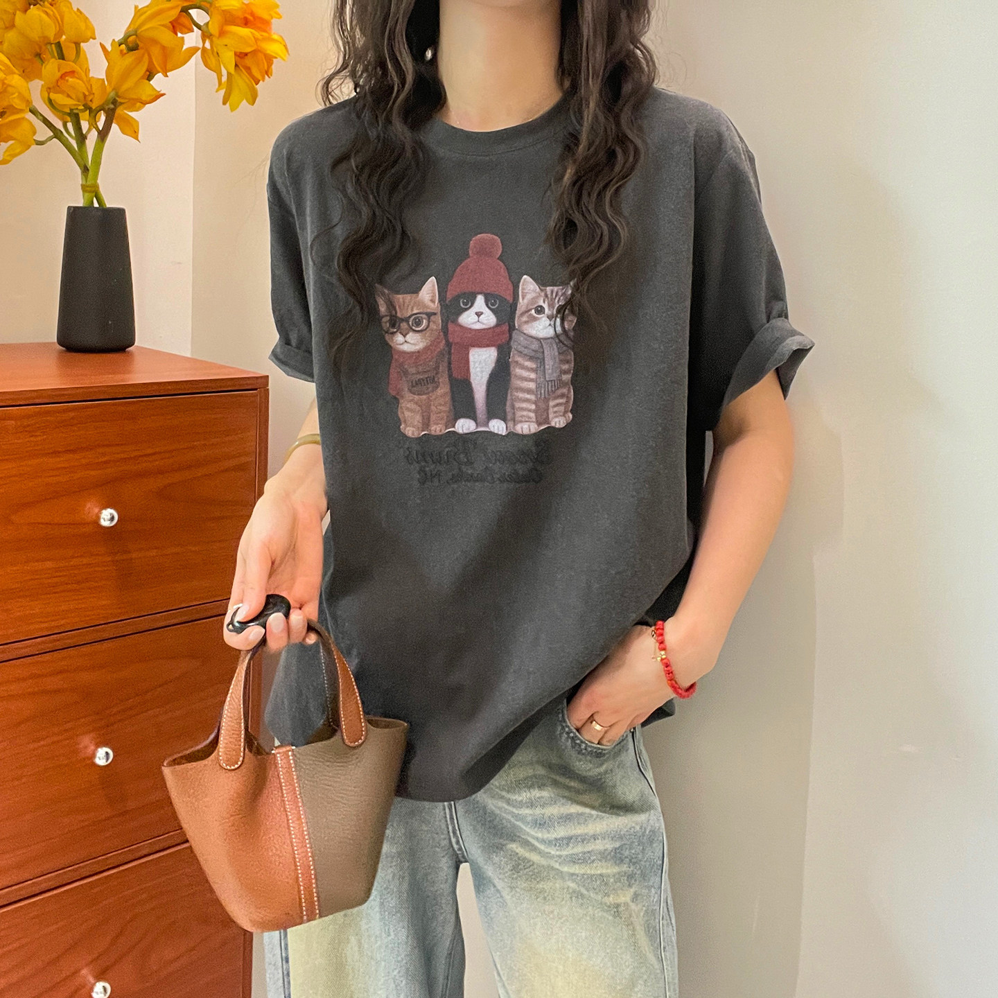 卡通猫咪印花短袖T恤女欧洲站2026春装新款欧货女装时尚打底衫潮