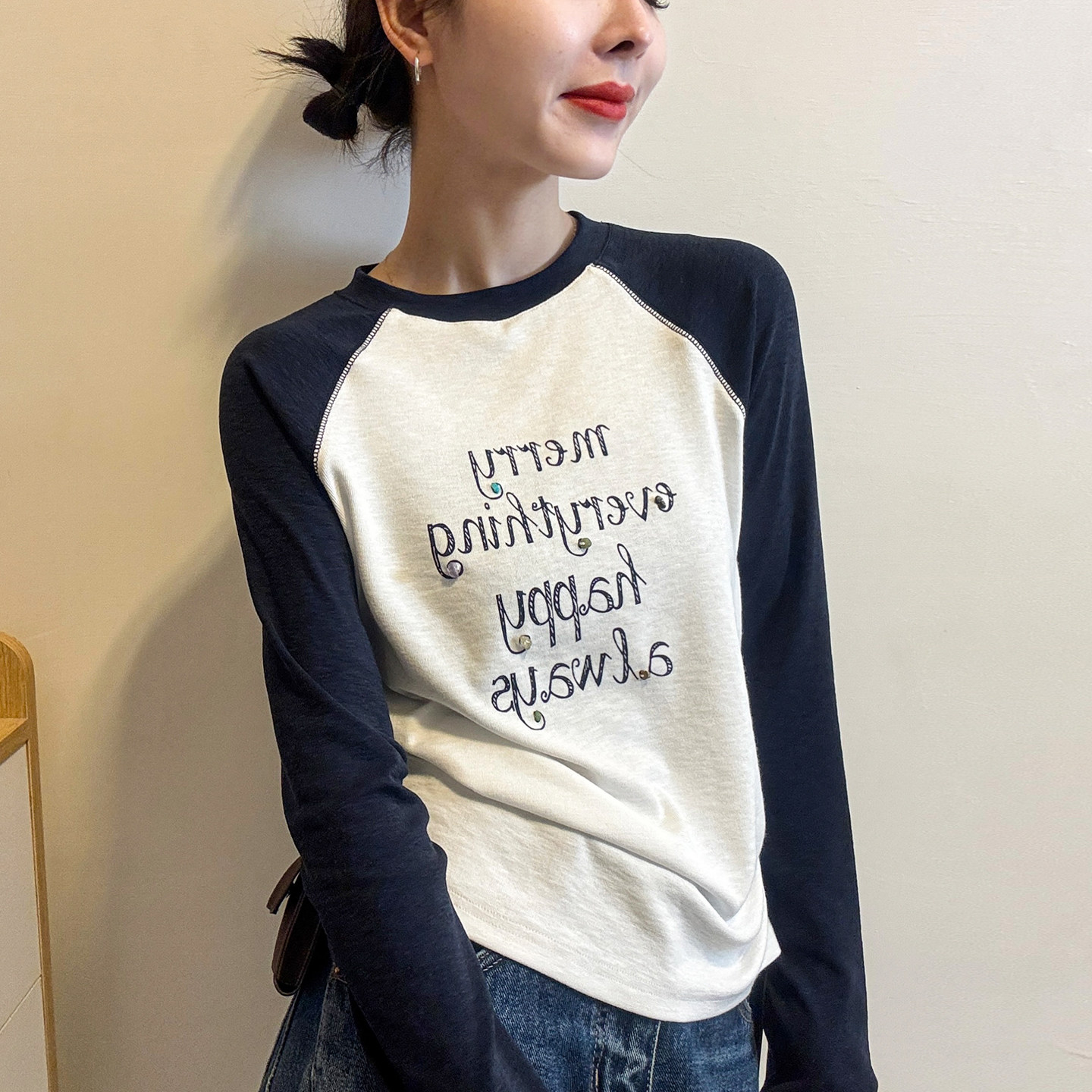 字母印花插肩袖T恤欧洲站2026春装新款欧货女装时尚洋气打底衫潮