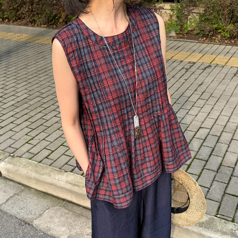 撞色格子A字棉麻衬衫女欧货上衣