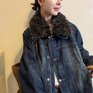 羊卷毛领牛仔羽绒服外套女欧洲站2025冬装新款欧货女装加厚上衣潮
