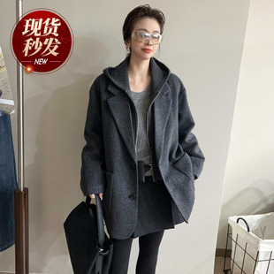 假两件羊毛呢连帽羽绒服女欧洲站2025冬装新款欧货女装西装外套潮