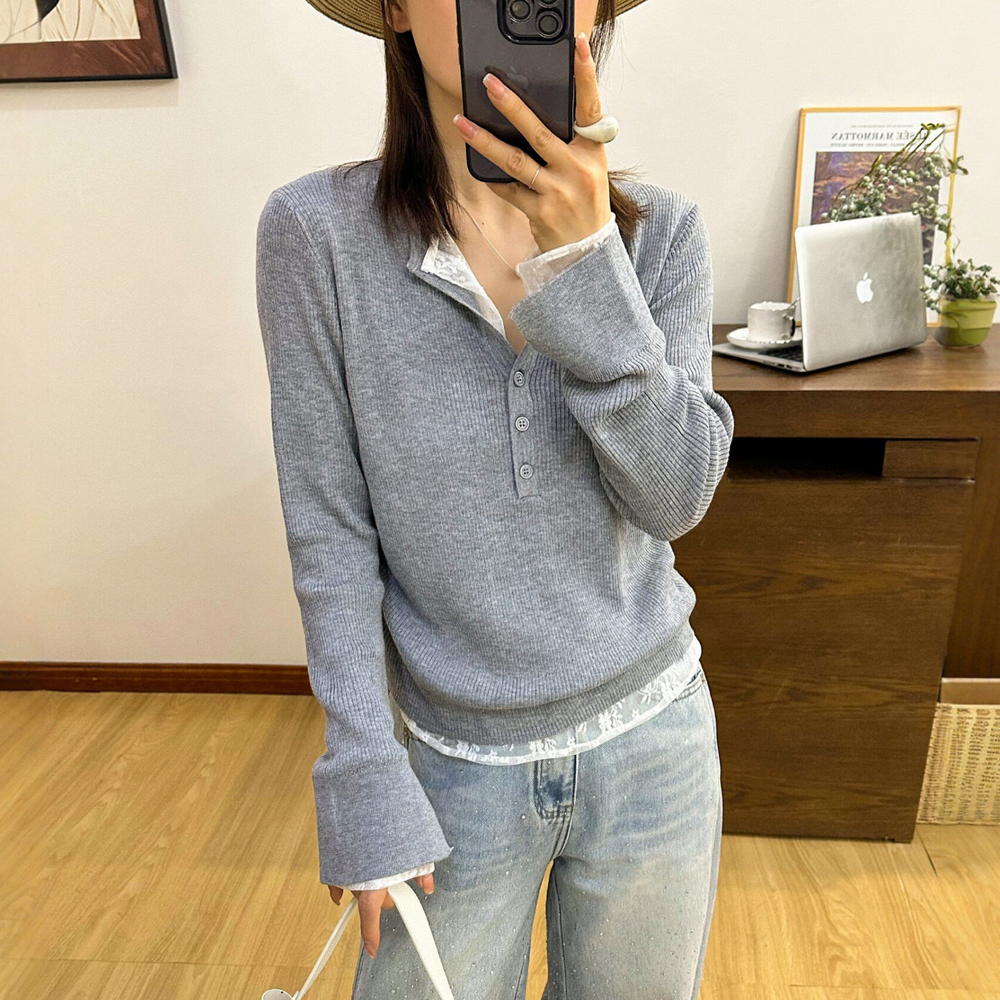 假两件蕾丝拼接羊毛针织衫女欧洲站2026春装新款欧货女装打底衫潮