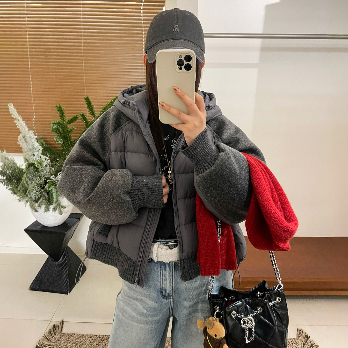 羊毛呢连帽羽绒服外套女欧货上衣