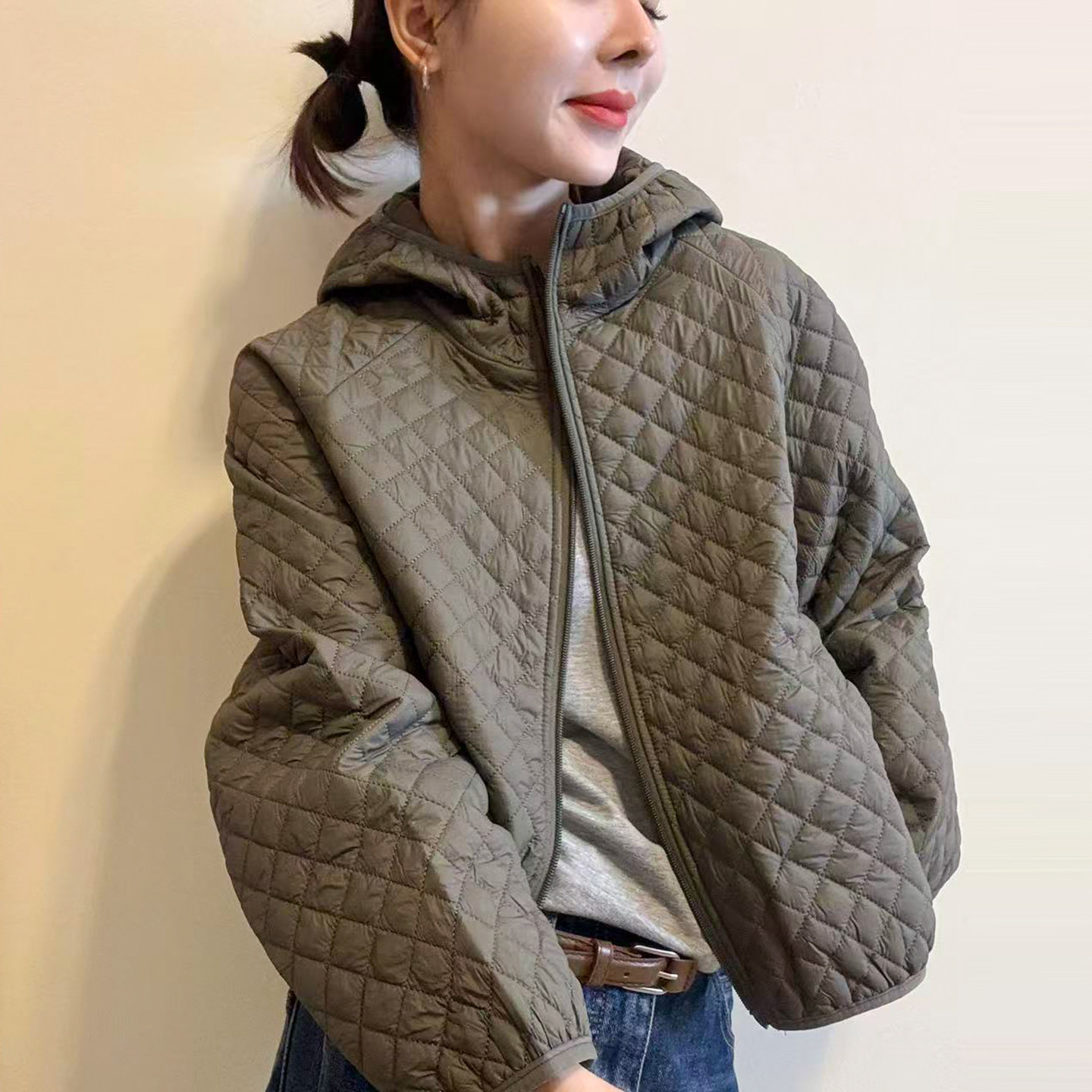 复古连帽菱形格压棉外套女欧洲站