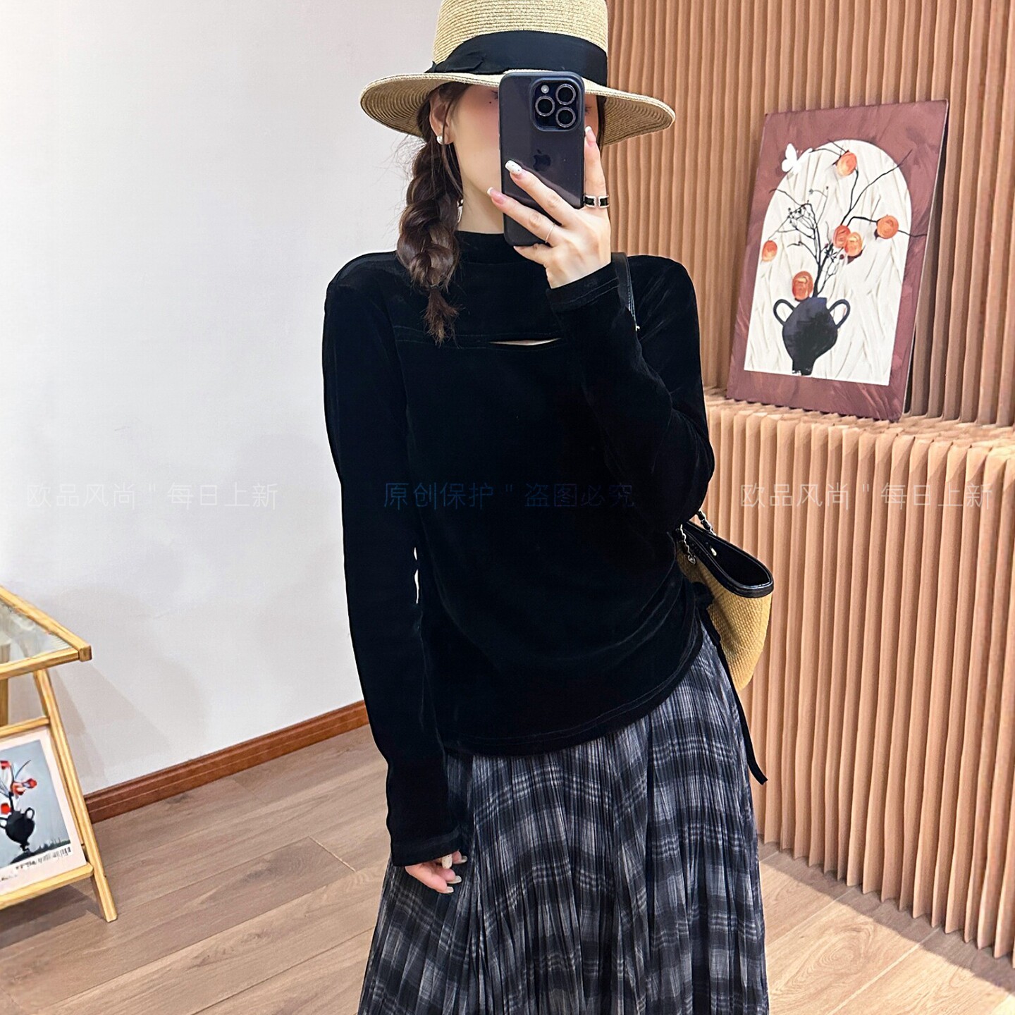侧边抽绳半高领金丝绒T恤女欧货