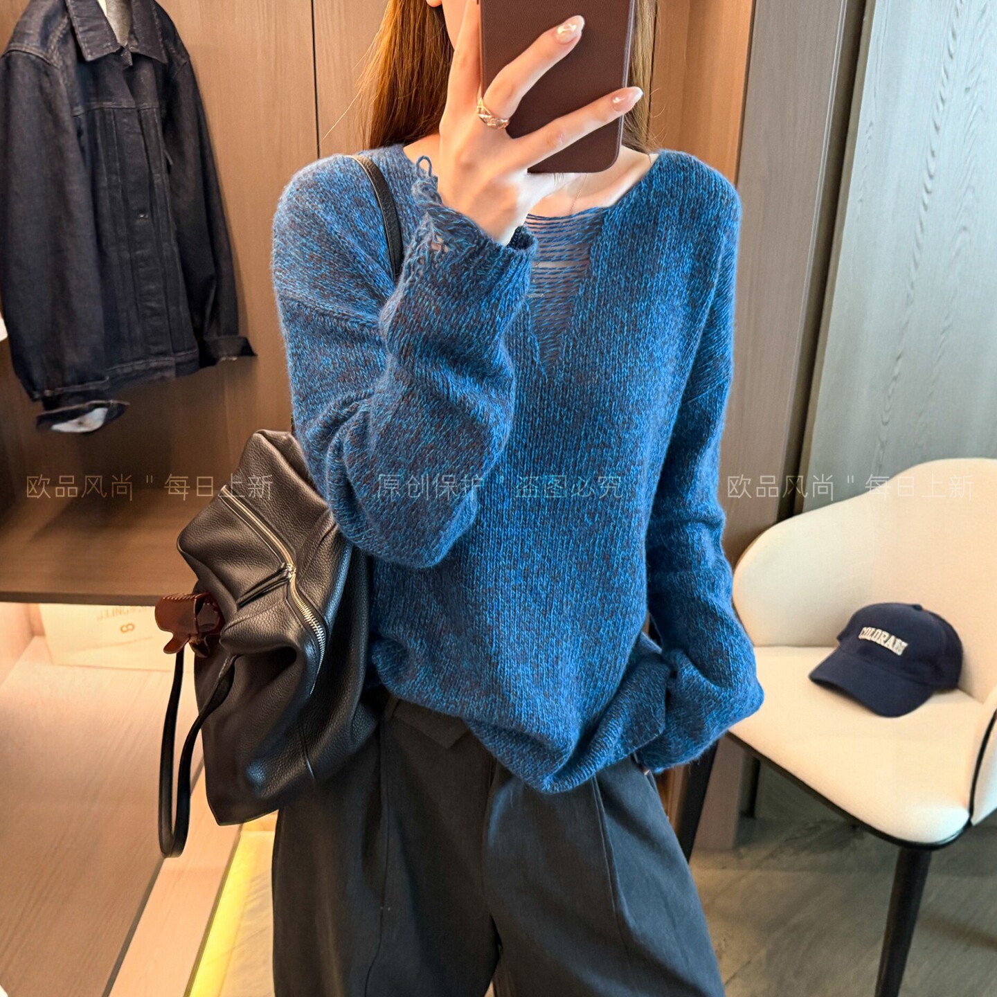 复古杂线V领绵羊毛针织衫女欧货