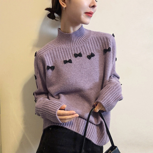 时尚 蝴蝶结半高领羊毛针织衫 欧货女装 新款 毛衣潮 女欧洲站2025冬装