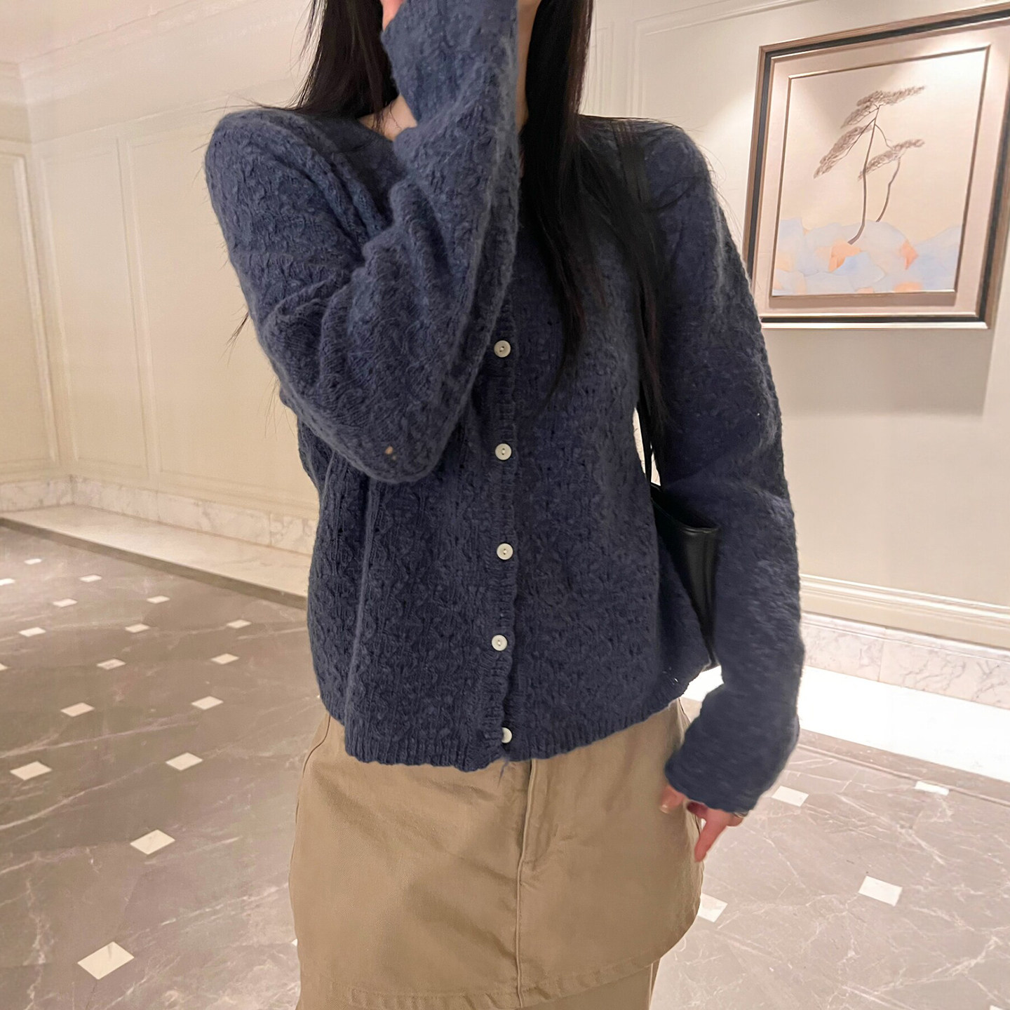 镂空钩花木耳边羊毛针织衫女欧货