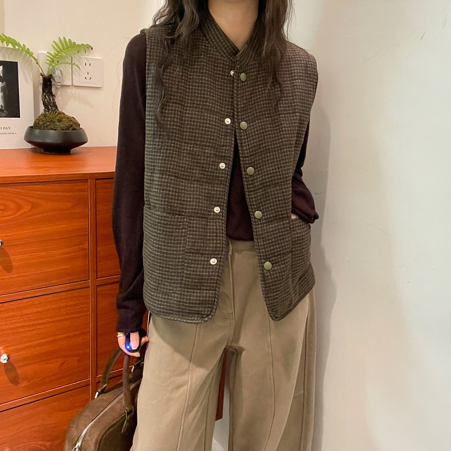 羊毛呢格子立领马甲外套女欧洲站